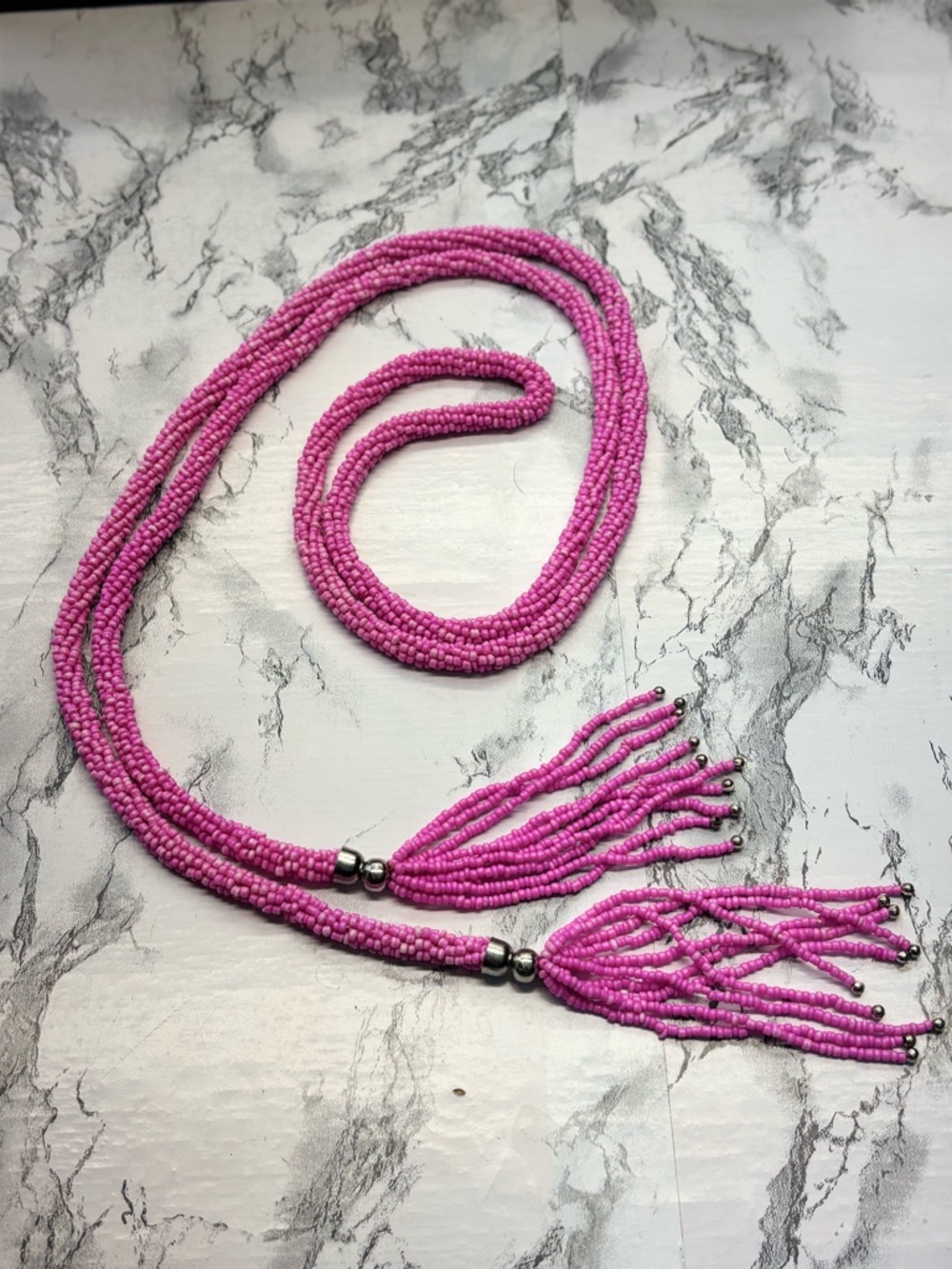 Bohemian Festival Handcrafted Pink Beaded Tassel Necklace \ Belt  Fringe